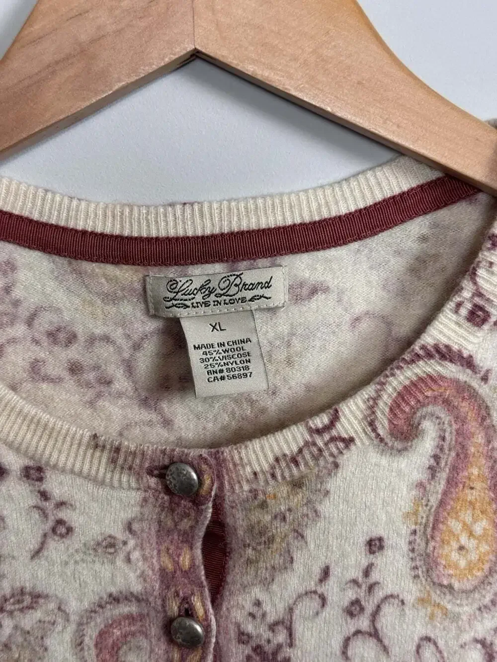 Women’s Lucky Brand Beige Paisley Knit Button Front Round Neck Cardigan Small
